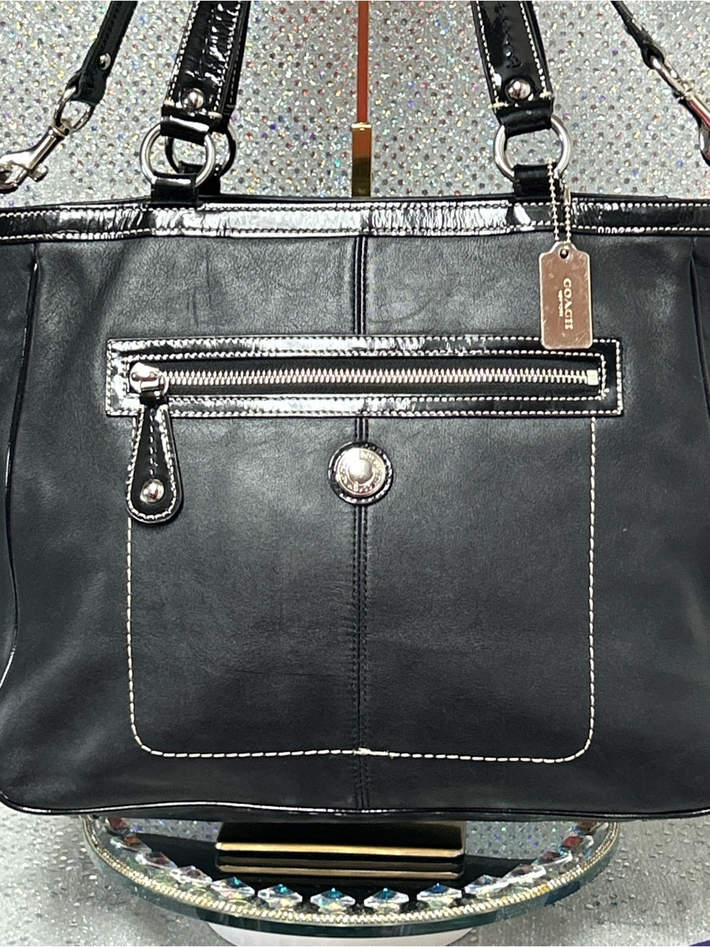 Coach Laura Black Leather Shoulder Tote w/Contrast Stitching Approx. 18x 11x 5.5